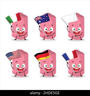 Pink chalk cartoon character bring the flags of various countries. Vector illustration Stock Vector