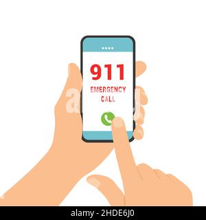 Flat design illustration of male hand holding smartphone. Emergency call for help on the phone number 911 - vector Stock Vector