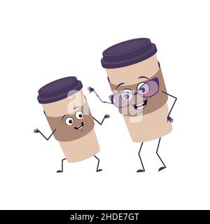 Cute cups of coffee characters with happy emotions and smile face. Funny grandmother with glasses and dancing grandson with arms and legs. The joyful paper glass for a drink. Vector flat illustration Stock Vector