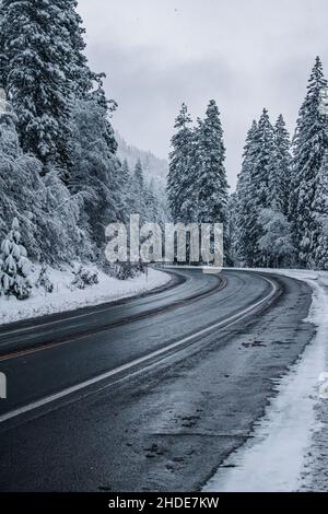 Highway 50W during the winter storm going to Lake Tahoe Stock Photo