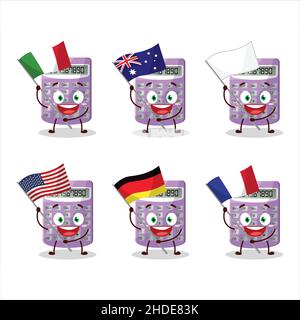 Purple calculator cartoon character bring the flags of various countries. Vector illustration Stock Vector