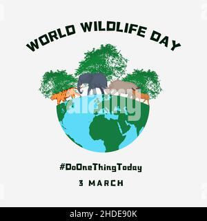 flat world wildlife day illustration with earth, animals, and tree. vector design. fauna and flora Stock Vector