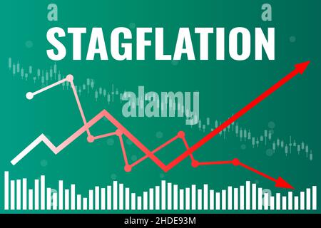 Text Stagflation in the economy on green finance background with graphs, charts, columns, red arrows, candlestick. Financial market concept Stock Vector