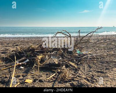 Spilled garbage on the beach of the big city. Empty used dirty plastic bottles. Dirty sea sandy shore. Environmental pollution. Ecological problem Stock Photo