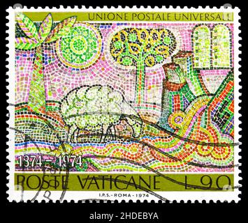 MOSCOW, RUSSIA - NOVEMBER 4, 2021: Postage stamp printed in Vatican shows U.P.U., Universal Postal Union, Centenary serie, circa1974 Stock Photo