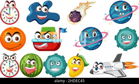 Set of different toy objects with smiley faces illustration Stock Vector