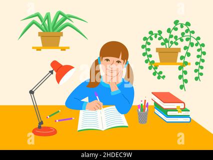 Little school girl doing her homework at the desk in her room. Young pupil writing in textbook with a pen. Smart kid preparing lessons at home. Flat v Stock Vector