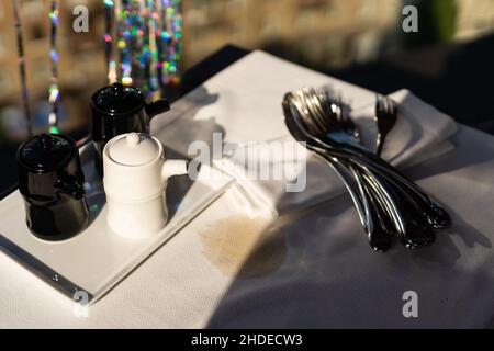 coffee stain on the tablecloth. Stock Photo