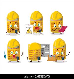 Professional Lineman yellow calculator cartoon character with tools. Vector illustration Stock Vector