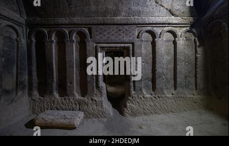 Gumusler Monastery and underground cave city in Nigde, Turkey. Unesco World Heritage site in Central Anatolia, Cappadocia region. Stock Photo