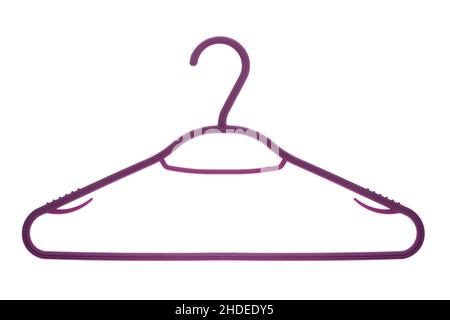 Plastic purple coat hanger on white background Stock Photo