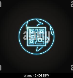 Neon qr code on Earth globe icon in line style. Vector illustration. Stock Vector