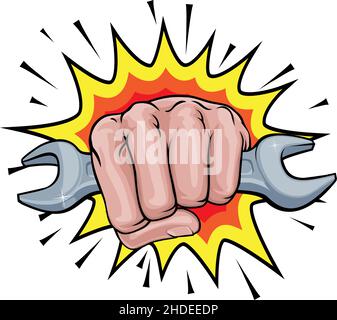 Spanner Wrench Fist Hand Explosion Pop Art Cartoon Stock Vector