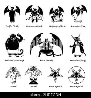 Seven deadly sins devils and Satan. Vector illustrations of Lucifer Pride, Mammon Greed, Belphegor Sloth, Asmodeus Lust, Beelzebub Gluttony, Satan Wra Stock Vector