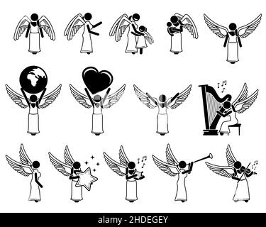 Female God angel stick figure pictogram icons. Vector illustrations depict a female angel with wings character designs, holding a child, Earth, love, Stock Vector