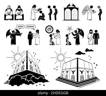 Judgment day or Final Day of Reckoning and New Jerusalem in Christian bible prophecy. Vector illustrations depict Jesus Christ, Satan, and God judging Stock Vector