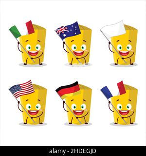 yellow chalk cartoon character bring the flags of various countries. Vector illustration Stock Vector