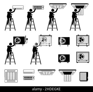 AC air conditioner conditioning unit. Man checking servicing air-conditioner unit at indoor and outdoor compressor. Vector illustration of technician Stock Vector