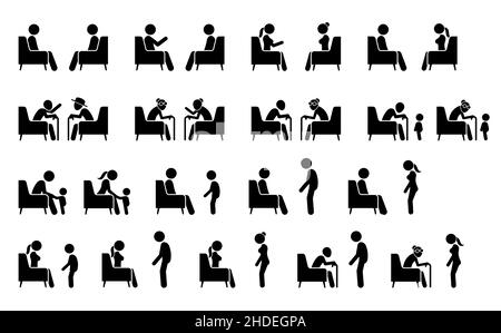 People sitting on a sofa or chair talking and facing each other. Vector illustrations pictogram of stick figure man, woman, elderly, and young child t Stock Vector