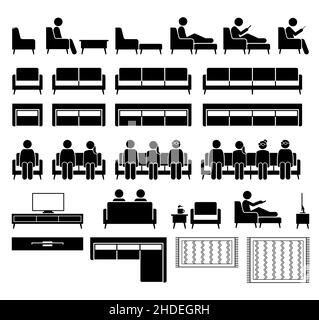 Sofa couch seating chair seater with people sitting. Vector illustrations icons pictogram of man and woman sitting on sofa and chair with footstool, c Stock Vector