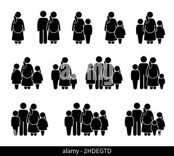 Pregnant mother with different family members stick figure pictogram icons. Vector illustrations of a pregnant mother with husband, son, daughter, and Stock Vector