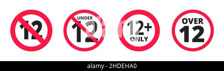 Over 12 years old plus forbidden round icon sign vector illustration set. Stock Vector