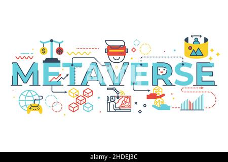 Metaverse word lettering illustration with icons for web banner, flyer, landing page, presentation, book cover, article, etc. Stock Vector