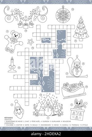 Crossword puzzle. Christmas theme crossword puzzle game. For kids. Game and Coloring page. French language. Stock Vector