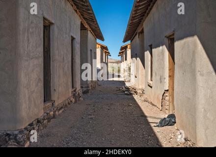 Workers cottages, 1917, partially restored,  at Swansea copper mining townsite, Buckskin Mountains, Sonoran Desert, Arizona, USA Stock Photo