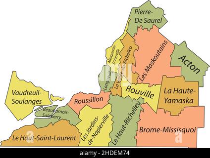 Pastel flat vector administrative map of MONTÉRÉGIE, QUEBEC, CANADA with black border lines and name tags of its municipalities Stock Vector