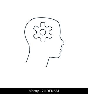 Human head with cogwheel inside linear icon. Artificial intelligence. Thin line illustration. Robot. Stock Vector
