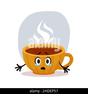 Surprised sad small yellow coffee cup. Hott winter drink in ceramic cup. Character for sticker and postcards Stock Vector