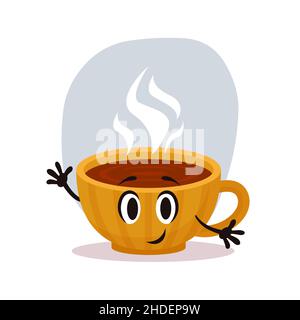 Happy yellow cartoon verctor cup of hot tea. Small cozy ceramic cup with smoke Stock Vector