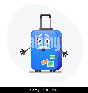 Big blue suitcase on wheels and postmarks on plastic corpus cry that can't travel  Stock Vector