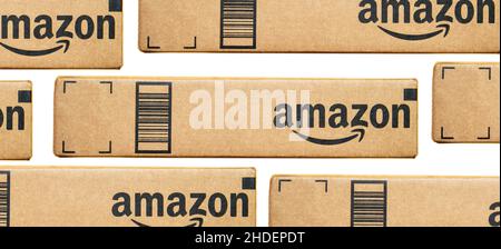 View from above of Amazon prime cardboard carton package Stock Photo