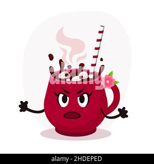 Angry vector flat christmas pink cup illustration. Hot coffee with marshmallows Stock Vector