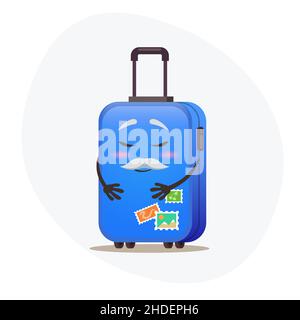 Confused big blue suitcase on wheels and postmarks on plastic corpus dreaming about vacation Stock Vector