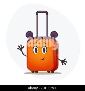 Handle orange plastic suitcase on wheels and with telescopic handle waitng vacation. Stock Vector