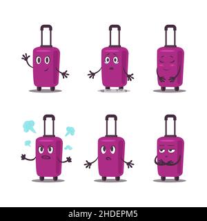 Flat vector violet suitcase pack. Travel bag on wheells emotions set. Stock Vector