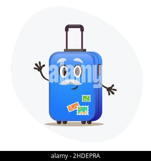 Big blue suitcase on wheels and postmarks on plastic corpus waitng vacation. Stock Vector