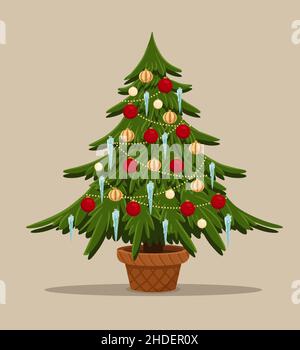 Cartoon stylized fir with toys. Christmas tree decorated pile balls, icecle and garland. Spruce in pot. Merry christmas and happy new year Stock Vector
