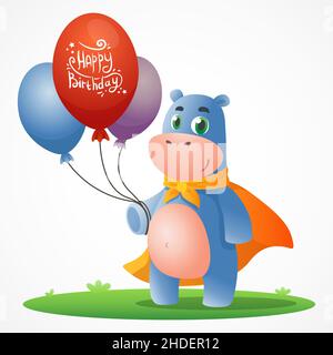 Cute cartoon postcard with Hippo in heroic orange cloak standing on grass and holding balloons Stock Vector