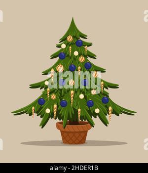 New year postcard design illustration. Christmas tree with decoration - cone and balls. Isolated vector object. Stock Vector