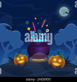 Witch magic pot on hill forest. Cartoon halloween illustration with pumpkins of banner. Fullmoon night sky with flying bats. Stock Vector