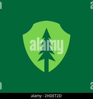 green shield with pines tree forest logo design vector graphic symbol icon illustration creative idea Stock Vector