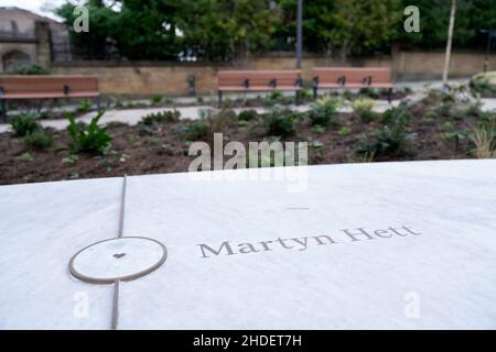 Manchester, UK, 6th January 2022. Glade of Light a momorial to the victims of the Manchester bomb of 2017 is seen after being opened to the public, Manchester, UK.  The memorial described as a a white marble 'halo' bears the names of those killed in the 2017 atrocity.  Credit: Jon Super/Alamy Live News. Stock Photo