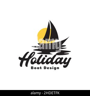vintage wood boat with sunset logo design vector graphic symbol icon illustration creative idea Stock Vector