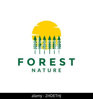green pines tree with sunset logo design vector graphic symbol icon illustration creative idea Stock Vector