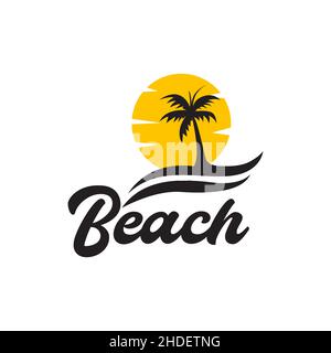 lettering beach vintage with coconut trees and sunset logo design vector graphic symbol icon illustration creative idea Stock Vector