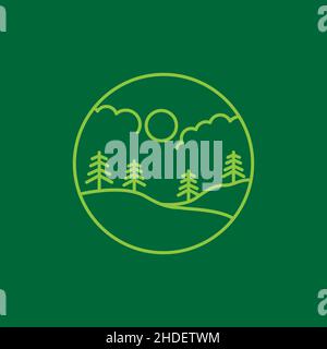 circle line with panoramic hill and trees logo design vector graphic symbol icon illustration creative idea Stock Vector